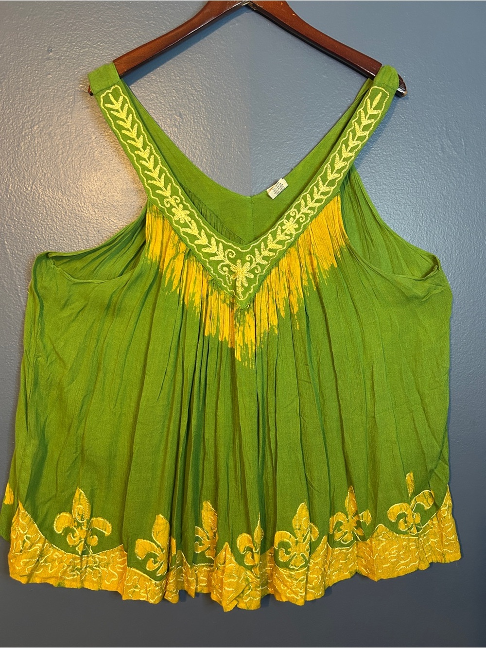 Shoreline Overseize Tunic Top Embroidered Pleated Green Flowy Tank Boho Festival